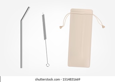 Metal, bendy drinking straw, steel cleaning brush and leather, fabric case, breathable pouch for reusable cocktail straw kit items carry 3d realistic vector objects set isolated on white background