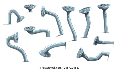 Metal bent wall nails and hobnails or hammer pins with iron heads, cartoon vector. Bent crooked nails and curved broken steel hobnails or carpentry pins with wound hammered damaged hobs and spikes