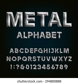 Metal Beveled Alphabet. Letters, numbers and punctuation marks on a dark background. Stock vector font for your headlines, posters etc.