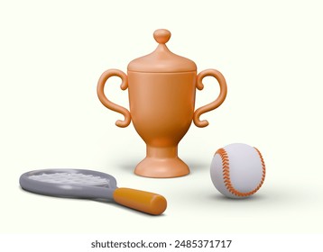 Metal big prize cup, tennis racket, ball. Set of elements for design ads about tennis tournament