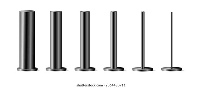 Metal billboard stands or advertisement poles. Vector isolated realistic set of glossy black bases of different diameters and thicknesses. Construction material for architecture, base or holders