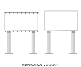 Metal billboard structures with empty display panels. White rectangular advertising frames. Double-posted signs with horizontal beams. Outdoor marketing displays. Roadside advertising structures.