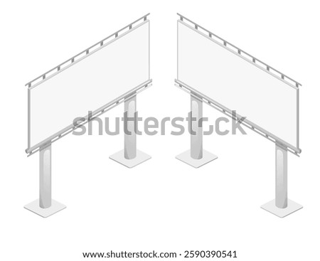 Metal billboard structures with empty display panels. White rectangular advertising frames. Double-posted signs with horizontal beams. Outdoor marketing displays. Roadside advertising structures.