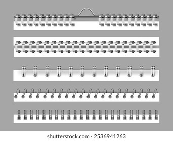 Conjunto de aglutinantes de metal, bobinas espirais realistas isoladas de prata ou preto para notebook. Coleção vetorial de folhas de fixação de hélice 3D e anéis de encadernação de caderno de esboços. Fio para costurar páginas de calendário