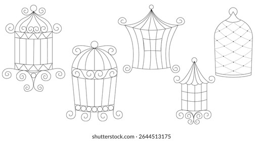 Metal pássaro gaiolas vetor conjunto em doodle mão desenhado estilo ilustração de arte de linha de gaiolas de pássaro de estimação esboço coleção para decoração caseira minimalista e vintage