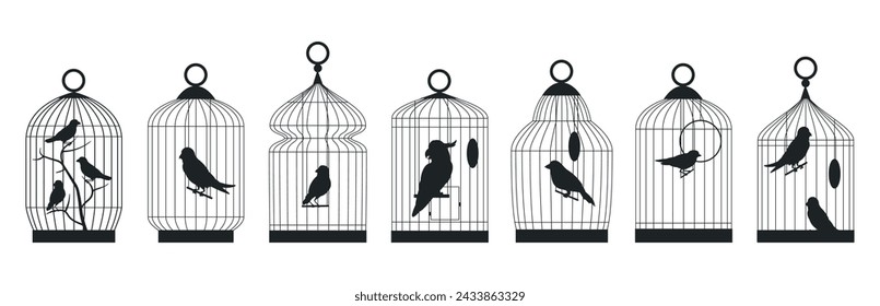 Metal birds cages silhouettes. Birds cages with domestic birds, finch, cockatoo, canary and budgie sitting in cages flat vector illustration set. Cages silhouette collection