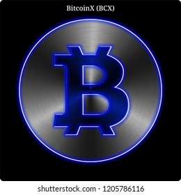 Metal BitcoinX (BCX) cryptocurrency coin with blue neon glow.