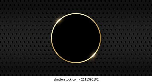 Metal Black Background Perforated by Dots and Gold Ring  Golden Shiny Circle Dark Metal Meshed Background  Glow Round Steel Backdrop  Abstract Modern Design  Vector Illustration 