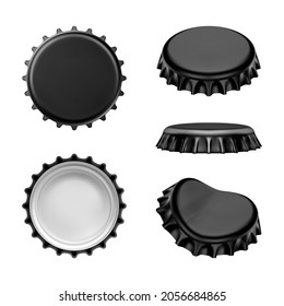 Metal black crown caps. Beer, lemonade and other drink bottle cap. Realistic vector illustration isolated on white background	