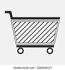 Metal black empty shopping cart with basket. Universal logo template for supermarket in modern flat style. Graphic design emblem for shop. Element for ordering fast delivery through mobile application