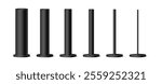 Metal black matte poles of different diameters and thicknesses. Vector isolated set of industrial material for building and construction. Stands or bases, billboard or advertising banner holder
