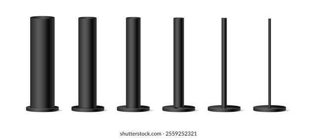 Metal black matte poles of different diameters and thicknesses. Vector isolated set of industrial material for building and construction. Stands or bases, billboard or advertising banner holder