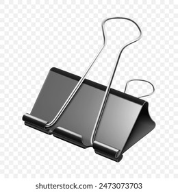 Metal black papers clip. Black paper clip. Steel office supplies, paper holder isolated on transparent background. Realistic 3d vector illustration