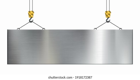 Metal blank plate hanging on a crane. Template is isolated on a white background. Vector illustration.