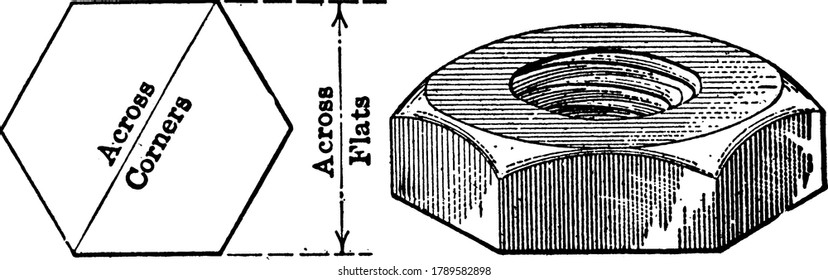 Bloque metálico con rosca interna de rosca que se va a montar en un tornillo, normalmente es Hexagonal en forma, dibujo de línea vintage o ilustración de grabado.