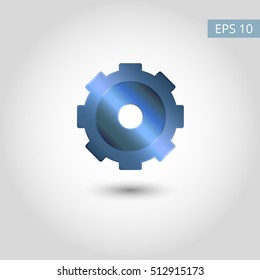 A metal blue gear wheel with a shadow and spot of light on white background. Vector illustration. A stylish realistic icon. Suitable as a creative logo template for car service. Eps 10