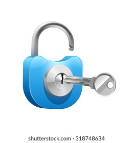  Metal blue padlock with key for opening or closing realistic vector illustration 