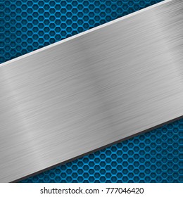 Metal blue perforated background with iron brushed plate. Vector 3d illustration