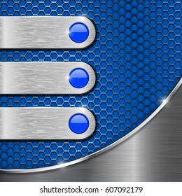 Metal blue perforated background with steel plates and silver wave. Vector 3d illustration