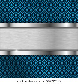 Metal blue perforated backround with iron horizontal plate. Vector 3d illustration