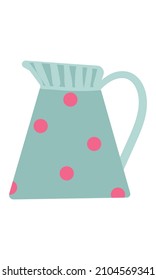 Metal blue watering can with handles and decor pink polka dots. Clipart. Isolated element.	 