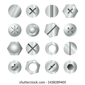 Metal bolt heads. Set of different screw heads types isolated on white background. Industrial top view bolts, screws, nails, rivets.