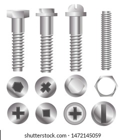 Metal bolt heads. Set of different screw heads types isolated on white background. Industrial top view bolts, screws. Vector illustration eps 10.

