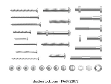 Metal bolt and screw. Realistic steel nails, rivets and stainless self tapping screw heads with nuts and washers. Detailed tool collection. 3d vector illustration