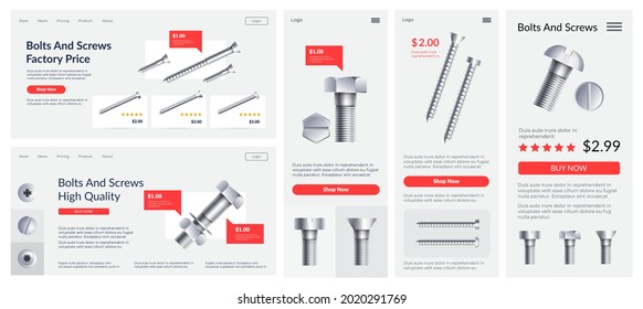 Metal bolt tool, landing banner set, vector illustration. High quality screws with factory price at online store, web page. Industrial steel equipment collection at internet shop, website.