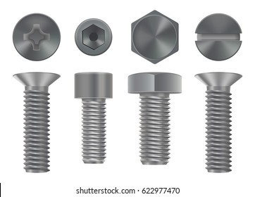 Metal Bolts Collection. Screw Head.  Vector 3d Illustration Isolated On White Background