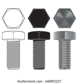 Metal bolts. Outline icon and 3d model. Vector illustration isolated on white background