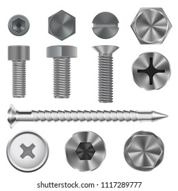 Metal bolts and screws. 3d set. Vector illustration isolated on white background