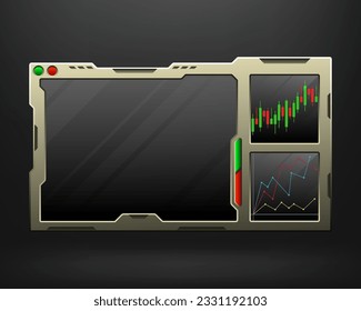 Superposición de la corriente de la frontera metálica para el mercado de valores o el comercio de criptodivisa transmisiones de vídeo en directo con panel de chat de candlestick y paneles de configuración de operaciones esenciales