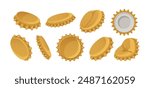 Metal bottle caps set. Beer bottlecaps, crowned corks from different sides, positions. Golden lids, circle covers, soda and alcohol plugs. Flat graphic vector illustration isolated on white background