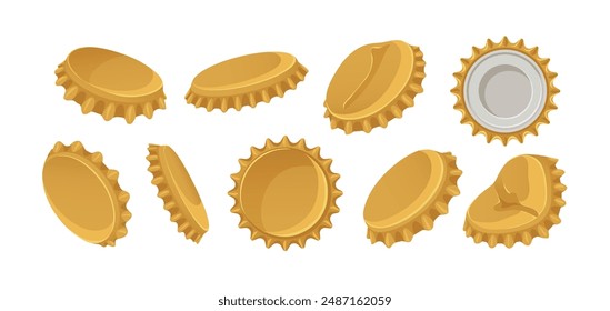 Metal bottle caps set. Beer bottlecaps, crowned corks from different sides, positions. Golden lids, circle covers, soda and alcohol plugs. Flat graphic vector illustration isolated on white background