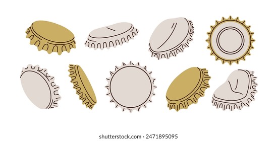 Verschlüsse aus Metall. Metallische Kreisdeckel, runde gekrönte Bierkorken. Chrom- und Goldstecker, Deckansichten von hinten, Vorderseiten. Realistische flache grafische Vektorillustration auf weißem Hintergrund