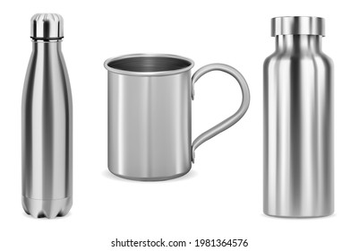 Metal bottle, tumbler, cup. Stainless steel thermo flask, 3d vector blank. Aluminum tin isolated on white background. Iron cup with handle, realistic fitness tin closeup