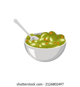Metal bowl of green olives with with fish inside and spoon. Greek traditional food. Vector flat illustration