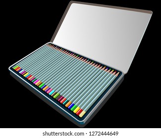 Metal box with watercolor pencils for drawing. A set of pencils for drawing. Watercolor pencils.