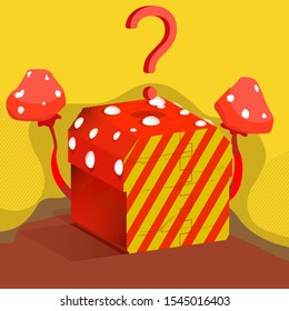 A metal box-container in the form of a mushroom. A closed box with a secret surrounded by mushrooms. Above the fairy box there is a question mark. Box is drawn in isometric. Cute puzzle illustration.