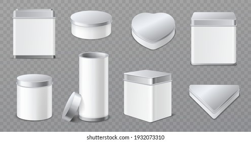 Metal boxes. Realistic tin jars, 3d white and aluminum caps containers, products blank packaging, tea, cookies and candy storage. Vector different shapes mockup set isolated on transparent background