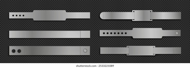 Metal bracelet mockups set isolated on transparent background. Vector realistic illustration of glossy steel or platinum wrist band for access to vip event, ticket to concert, identification item