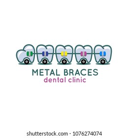 Metal braces. Cartoon teeth. Vector illustration.