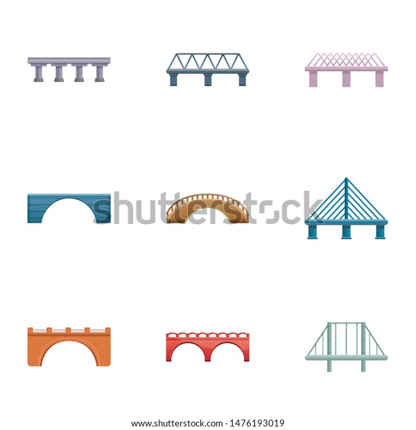 Metal bridge icon\
set. Cartoon set of 9 metal bridge vector icons for web design\
isolated on white\
background