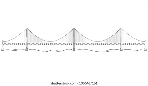 Metal bridge over river. Sketch of the bridge similar to Golden Gate in San Francisco.
