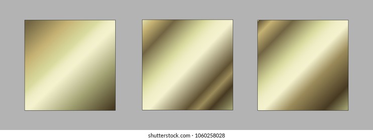 Metal bronze and gold foil texture gradation template set. Vector golden elegant, shiny and metal gradient collection for silver or chrome border, frame, ribbon, label design