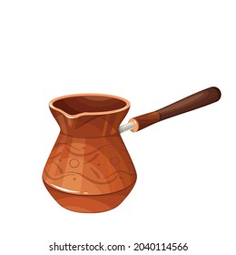 Metal brown coffee turk with wooden handle icon. Turkish coffee vector illustration.