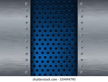 Metal brushed background with blue perforated plate. Vector illustration