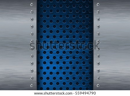 Metal brushed background with blue perforated plate. Vector illustration