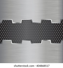 Metal brushed background and plate with perforation. Vector illustration